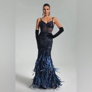 Bella Barnett Sarah Sequin Feather formal Dress size small, worn once NO GLOVES!